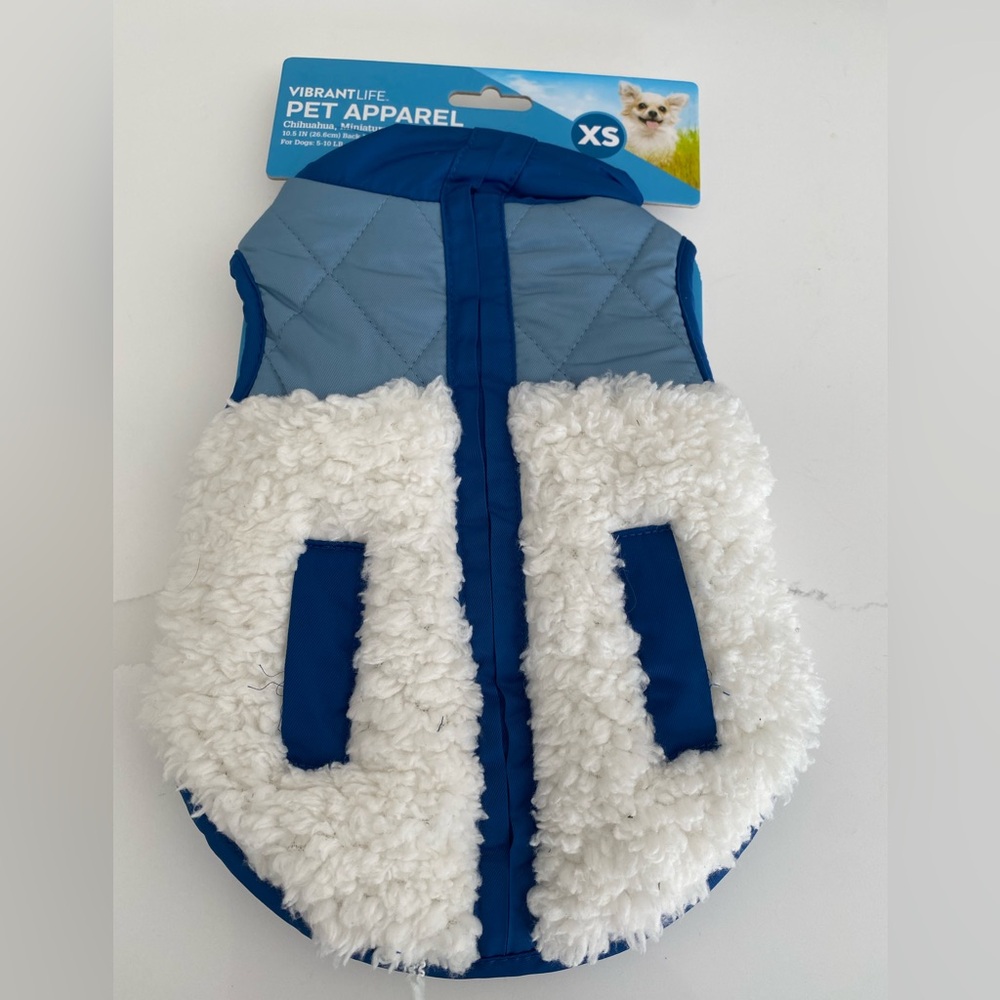 Blue and white dog jacket, XS. Never worn